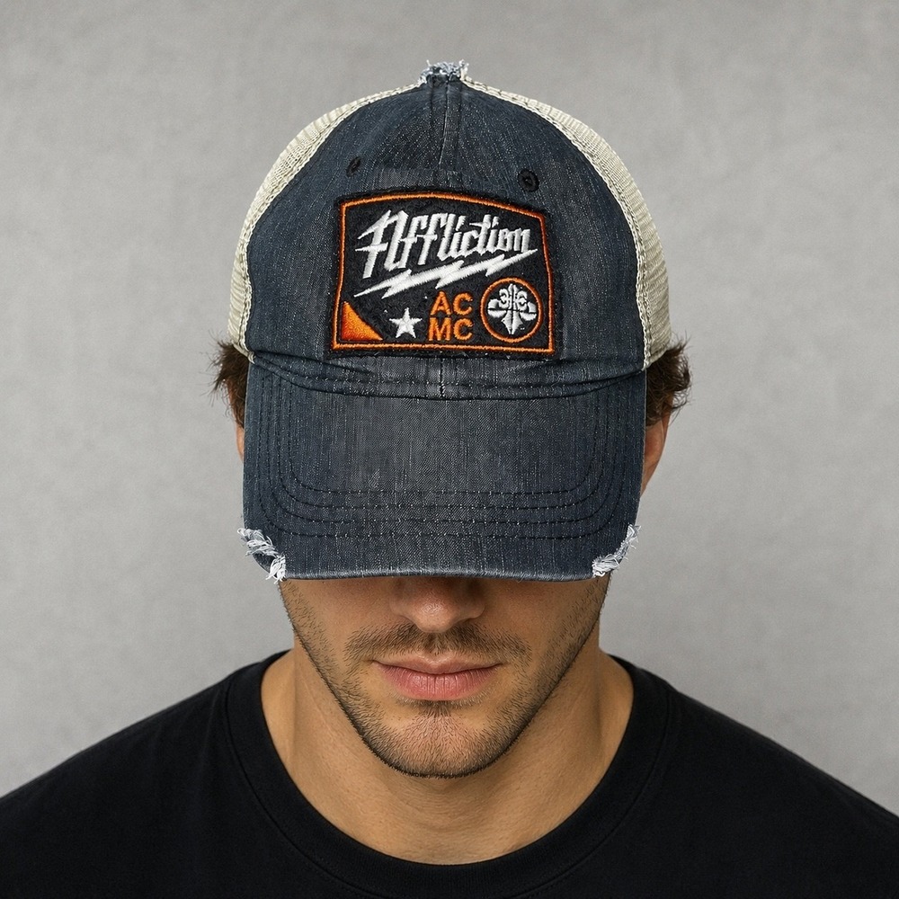 Affliction Hat Mens Gray Mesh Buckle Exclusive Distressed Trucker Snapback Cap